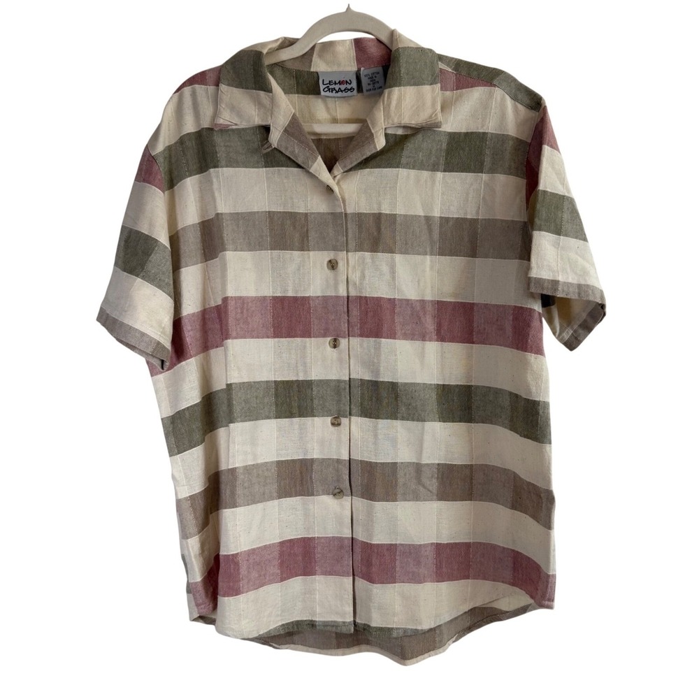 Lemon Grass Women's Striped Coastal‎ Chic Short Sleeve Button Up Earth Tones M